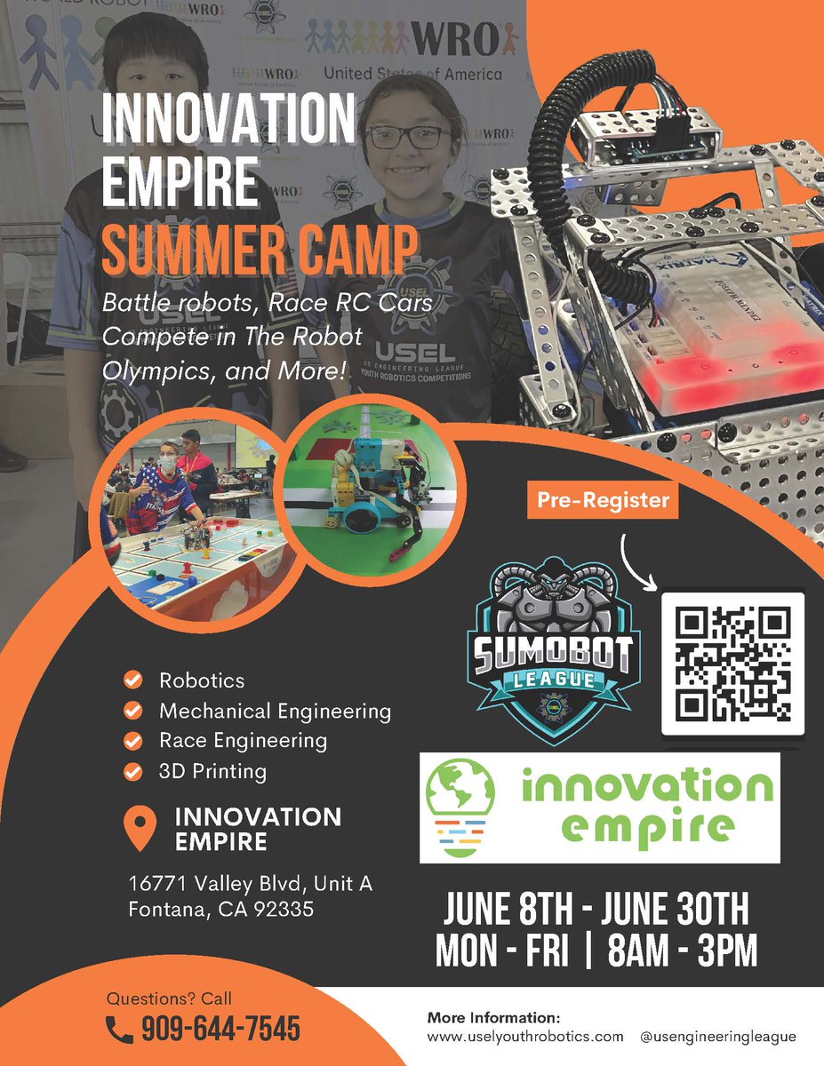 >NEW and FREE< Innovation Empire Summer Camp  for 3rd-6th graders from any <a href="/FontanaUnified/">Fontana Unified</a> School. LEARN. EXPLORE. HAVE FUN! Space is limited - first come, first served. Pre-register with QR Code below. 🤖😀
