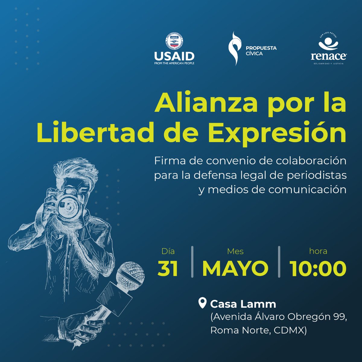 Renace y <a href="/PropuestaCivica/">Propuesta Cívica AC</a> nos unimos para defender la libertad de expresión en México. 

El 31 de mayo firmaremos un convenio de colaboración que tiene como objetivo la defensa legal de periodistas y medios de comunicación.

Sigue la transmisión en nuestras redes sociales.