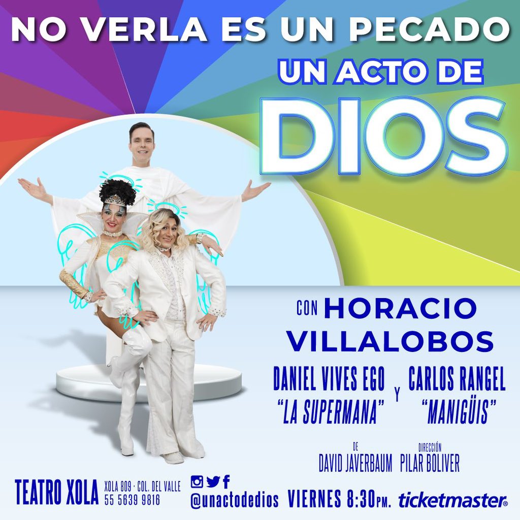 Nos vemos este viernes en <a href="/UnActoDeDios/">Un Acto de Dios</a> No pierdan la oportunidad de vivir esta experiencia teatral en el <a href="/TeatroXola/">TEATRO XOLA</a> a las 8:30pm Boletos en taquilla y en <a href="/Ticketmaster_Me/">Ticketmaster México</a>