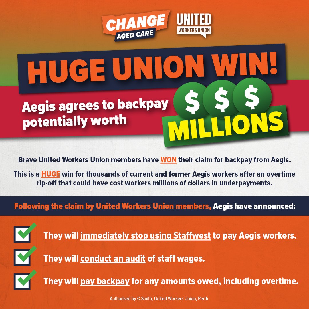 HUGE UNION WIN! This win only happened because union members in Aegis stood together and showed they would fight against the overtime rort! #UnionPower @UnitedWorkersOz