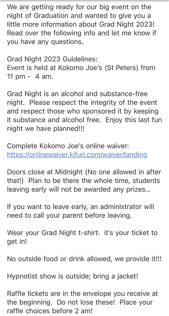 FZN2023's tweet photo. Grad Night Info!! Make sure you check your email and fill out the waiver! https://t.co/m72nvfGG4D