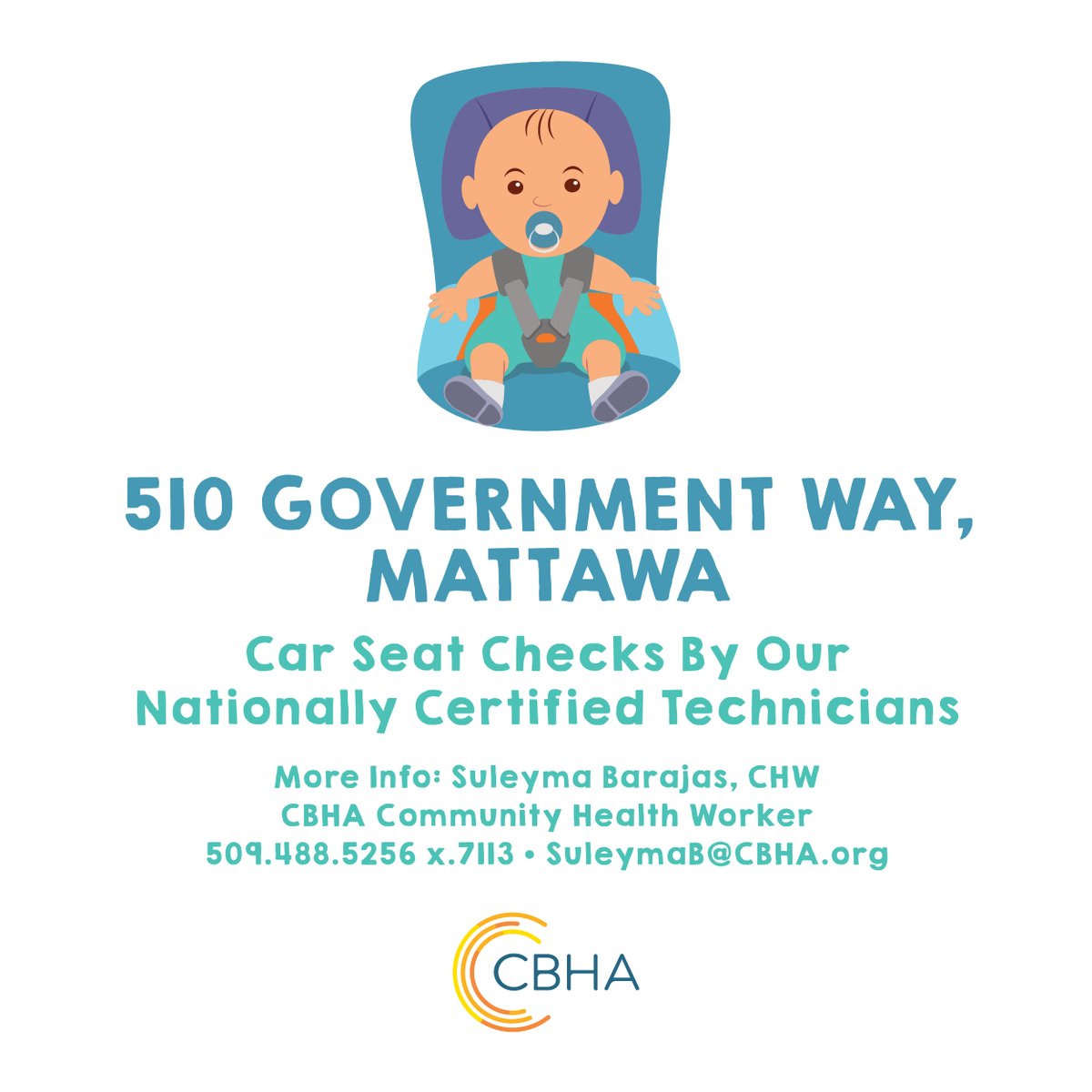 CBHA_WA's tweet photo. Join us on May 24 for our Car Seat Checkup Event in Mattawa!

Check if your child’s car seat is properly installed, expired or if your child is ready to upgrade to a new one.

Our Nationally Certified Technicians will make sure that your child is safe in their car seat. https://t.co/UeBwIU9d6b