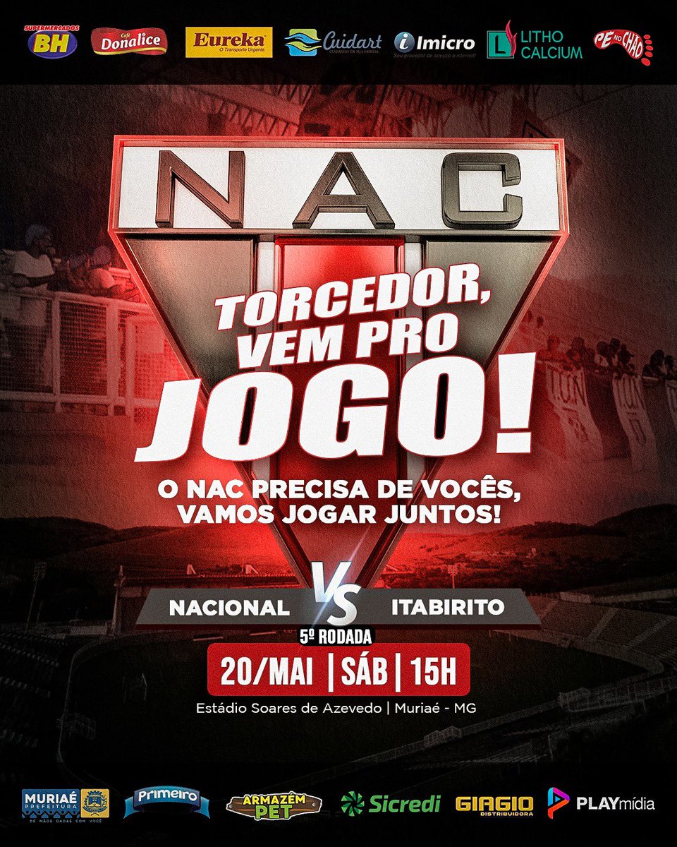 nacdemuriae's tweet photo. 🏟️ Sábado é dia de NAC em campo e em casa!!!! 

🥅 Iremos em campo contra Itabirito às15h no Soares de Azevedo 

⚽️ O apoio da nossa torcida é muito importante na nossa caminhada! Então contamos com sua presença na nossa próxima batalha! https://t.co/BghQ182VA4