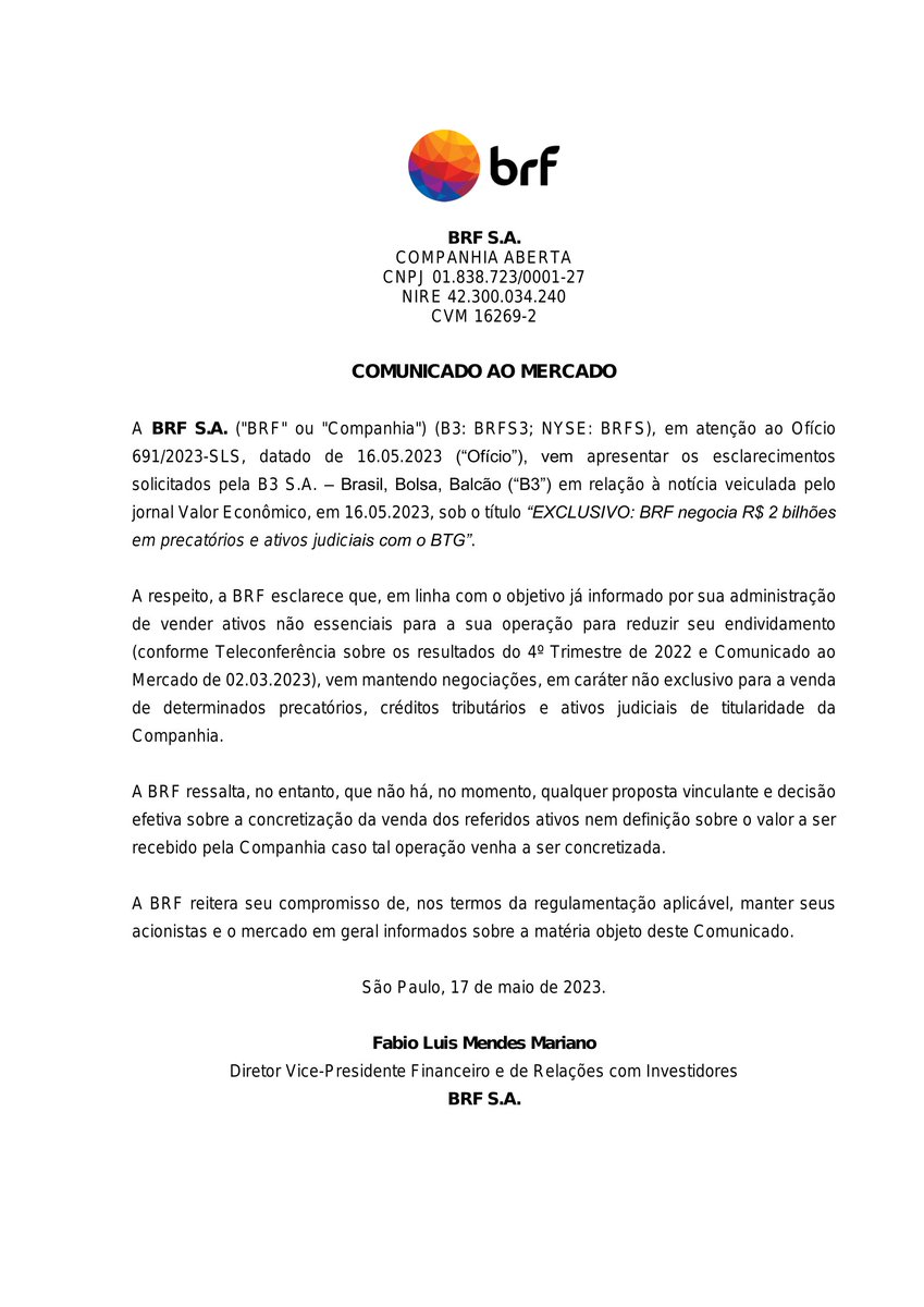 CalixtoCapital's tweet image. #BRFS | BRF SA | Comunicado ao Mercado