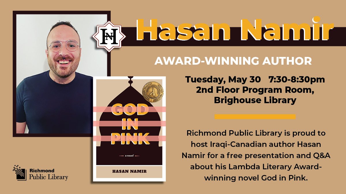 Really excited for this ! Thanks so much <a href="/RPLBC/">Richmond Public Library</a> for inviting me to talk about my novel God in Pink (<a href="/Arsenalpulp/">Arsenal Pulp Press</a>)! 

To register for the free event : 
yourlibrary.bibliocommons.com/events/6440240…