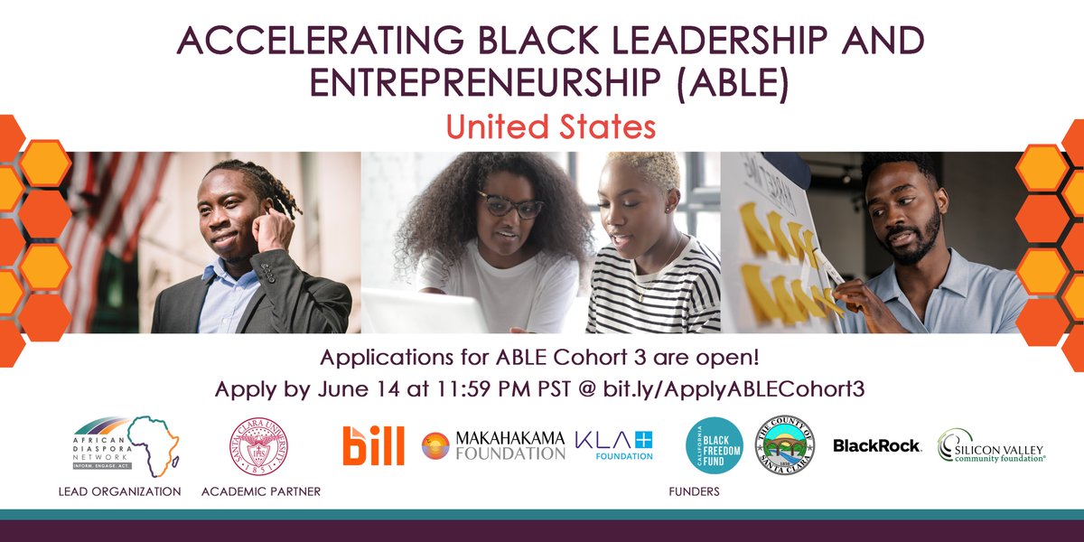 Applications for Accelerating Black Leadership and Entrepreneurship (ABLE) Cohort 3 are now open! Join the next cohort of rising stars in Black entrepreneurship. Apply by June 14 at bit.ly/ApplyABLECohor…

#BlackEntrepreneur #entrepreneurs