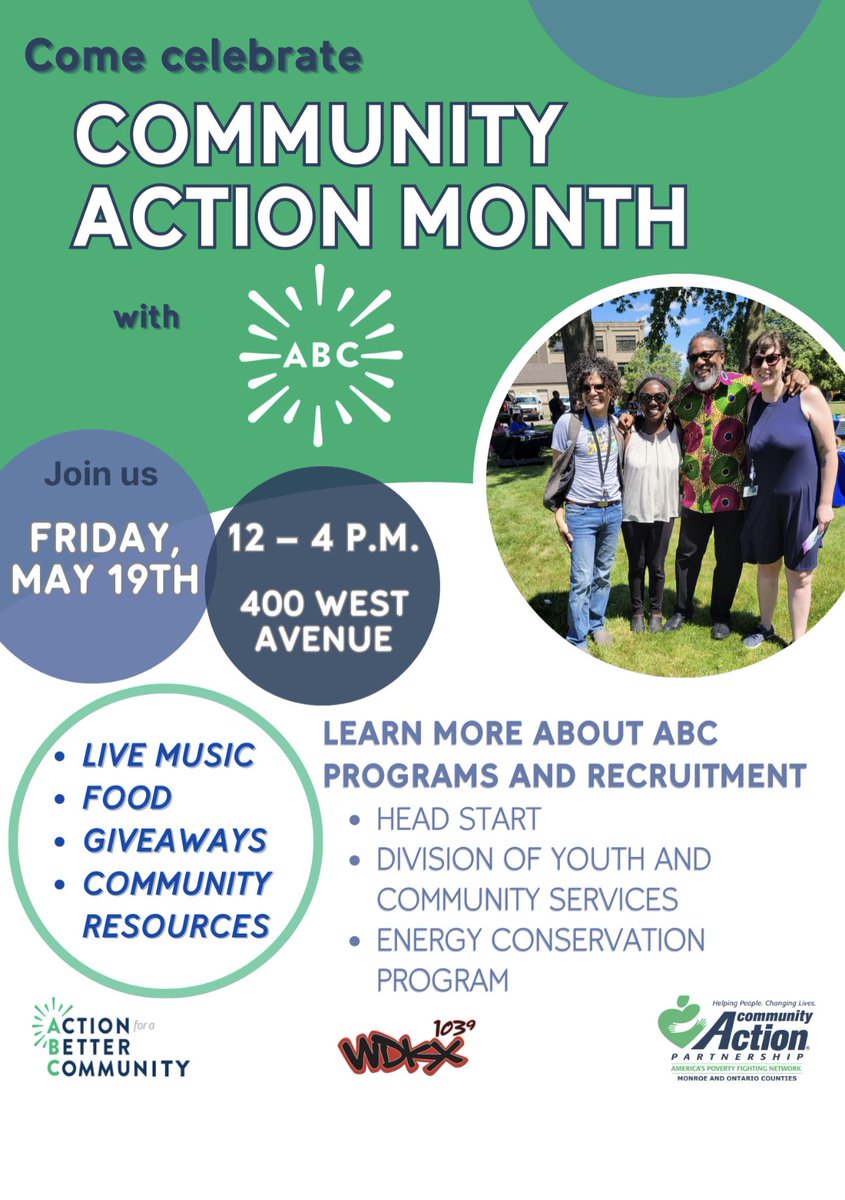 mbashir232's tweet photo. May is Community Action Month. At Action for a Better Community, we’re hosting an event with a ton of things going on for the entire community. Employers, food, giveaways. Also, a great opportunity just to meet our amazing staff and learn about all that they do. #RochesterNY #Roc https://t.co/ykCuYSmOUL