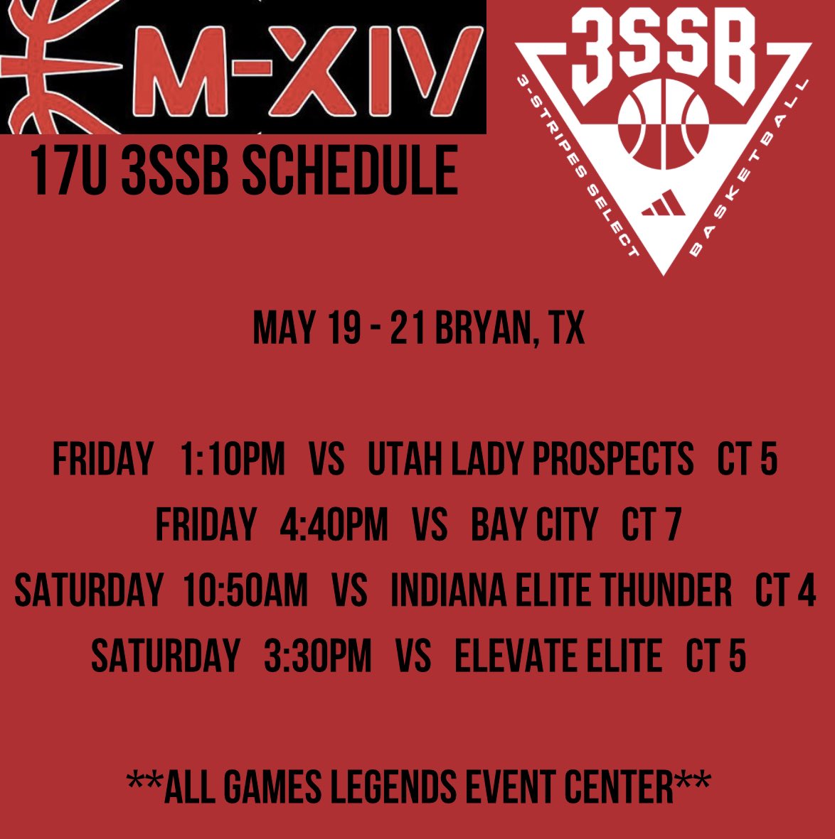 17U 3SSB Schedule for Texas!
🗓 May 19 - 21
✈️ Bryan, Texas
📸 Adidas 3SSB
✅ Legends Event Center
<a href="/3SSBGCircuit/">3Stripes Select Basketball Girls Circuit</a> 
#3SSBGirls
