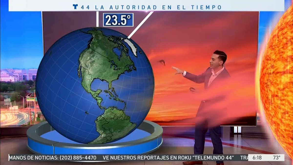 JoeMartinezTV's tweet photo. ¡Ya está oscureciendo pasadas las 8PM! Hoy en @telemundo44 utilizamos la realidad aumentada para hablar sobre los dos factores que hacen que varíen tanto las horas de luz solar durante el año: la inclinación del planeta y qué tan lejos estamos del ecuador #TelemundoDC https://t.co/nnQ1OXJIqy