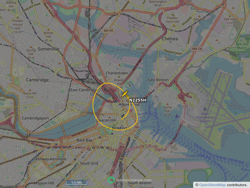 N2255H, a Cessna T.206-H, is circling over West End, Boston at 4325 feet, speed 74 MPH, 0.0 miles from citizenM globe.adsbexchange.com/?icao=a1f6a3&z…