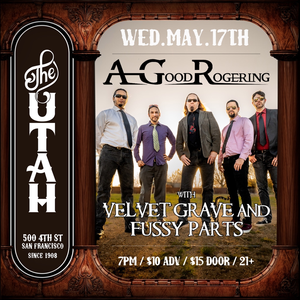 Join us on Wednesday, May.17th⁠ for A Rock'n Night of Music ft.⁠ A Good Rogering, Velvet Grave, Fussy Parts⁠ • 7 pm / $10 adv / $15 door • 21+ with ID⁠ • Get tickets at hotelutah.com