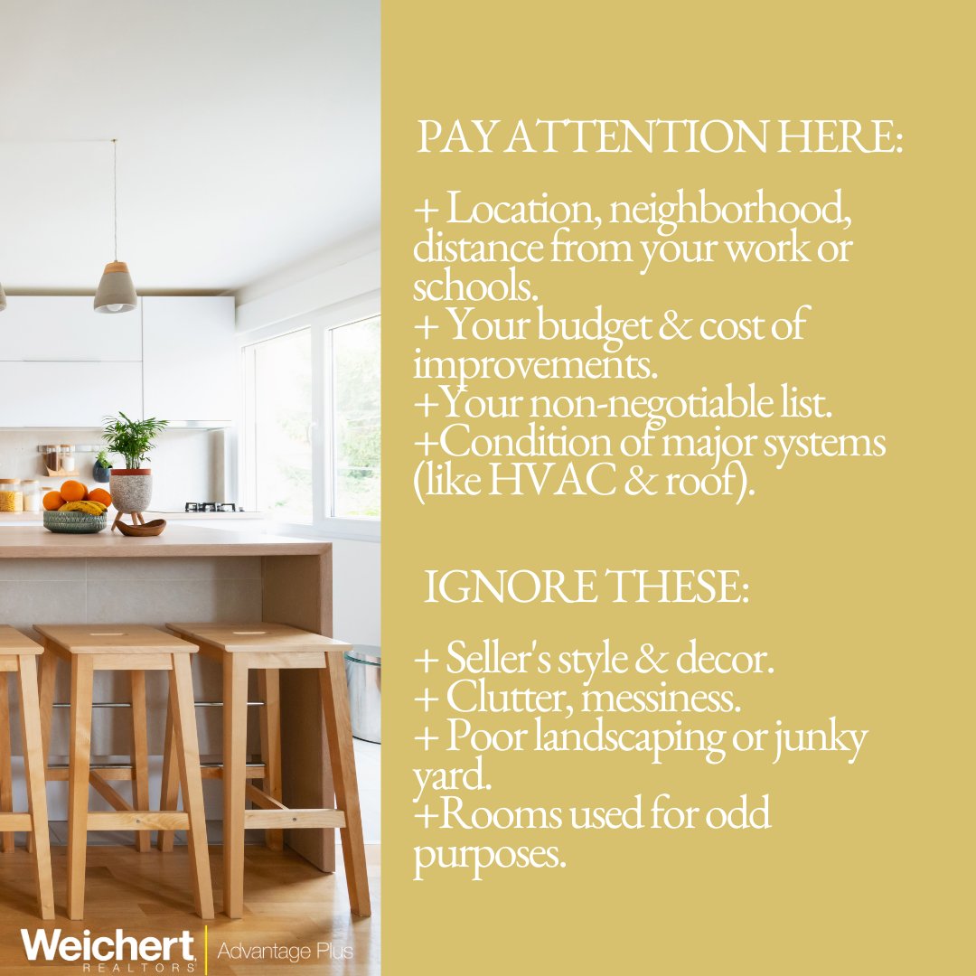 Buyers! Pay attention to the essentials when looking for your perfect home, and ignore the small details you can change! 

#BuyerTips #RealEstate #Essentials #Home #HouseHunting