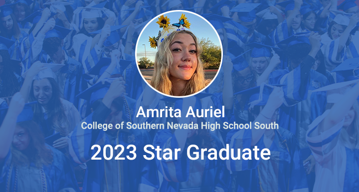 ClarkCountySch's tweet photo. Amrita Auriel Drummer is being recognized as @CSNHSROCKS South 2023 Star Grad! Amrita has worked hard and persevered to achieve her goals. Read more about her story here: https://t.co/oBVUHacCx3 #StarGrad #WeAreCCSD https://t.co/2OwV6xOcJV