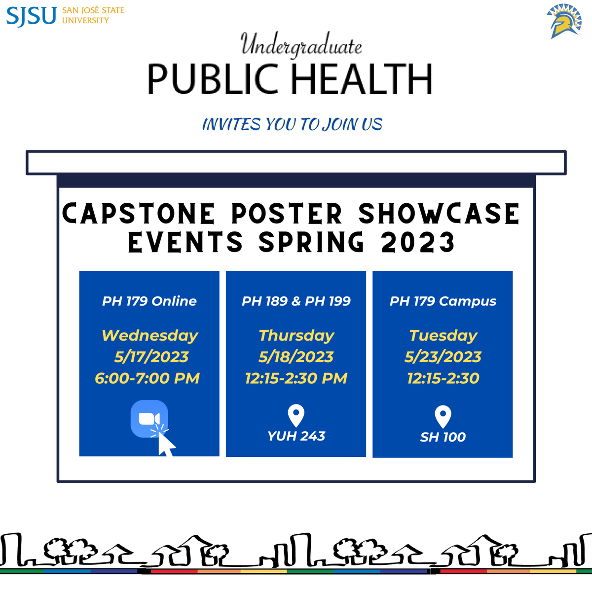 Good afternoon PHR community! Please join Public Health Capstone Showcases this evening today: sjsu.zoom.us/j/88579095295?… 
There are also two showcases in person. We look forward to seeing you all there! #publichealthcapstone #sjsupublichealthandrecreation