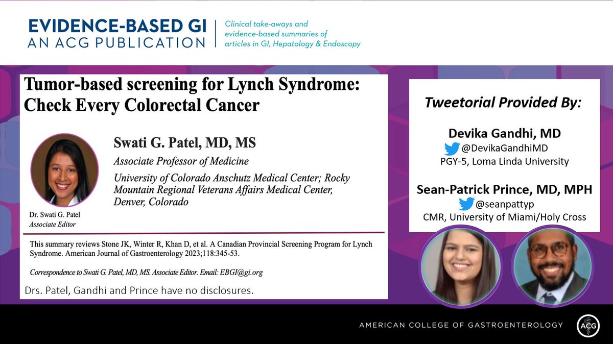 1/⏰ for #EBGI Tweetorial 🧵 w/ @DevikaGandhiMD & @seanpattyp Tumor-Based Screening for Lynch Syndrome: Check Every Colorectal Cancer w/ @swatigp 📜 Summary rb.gy/2tx 🎧 Podcast Apple.co/3F8NNU0 📰 Original Article rb.gy/aar @AmCollegeGastro