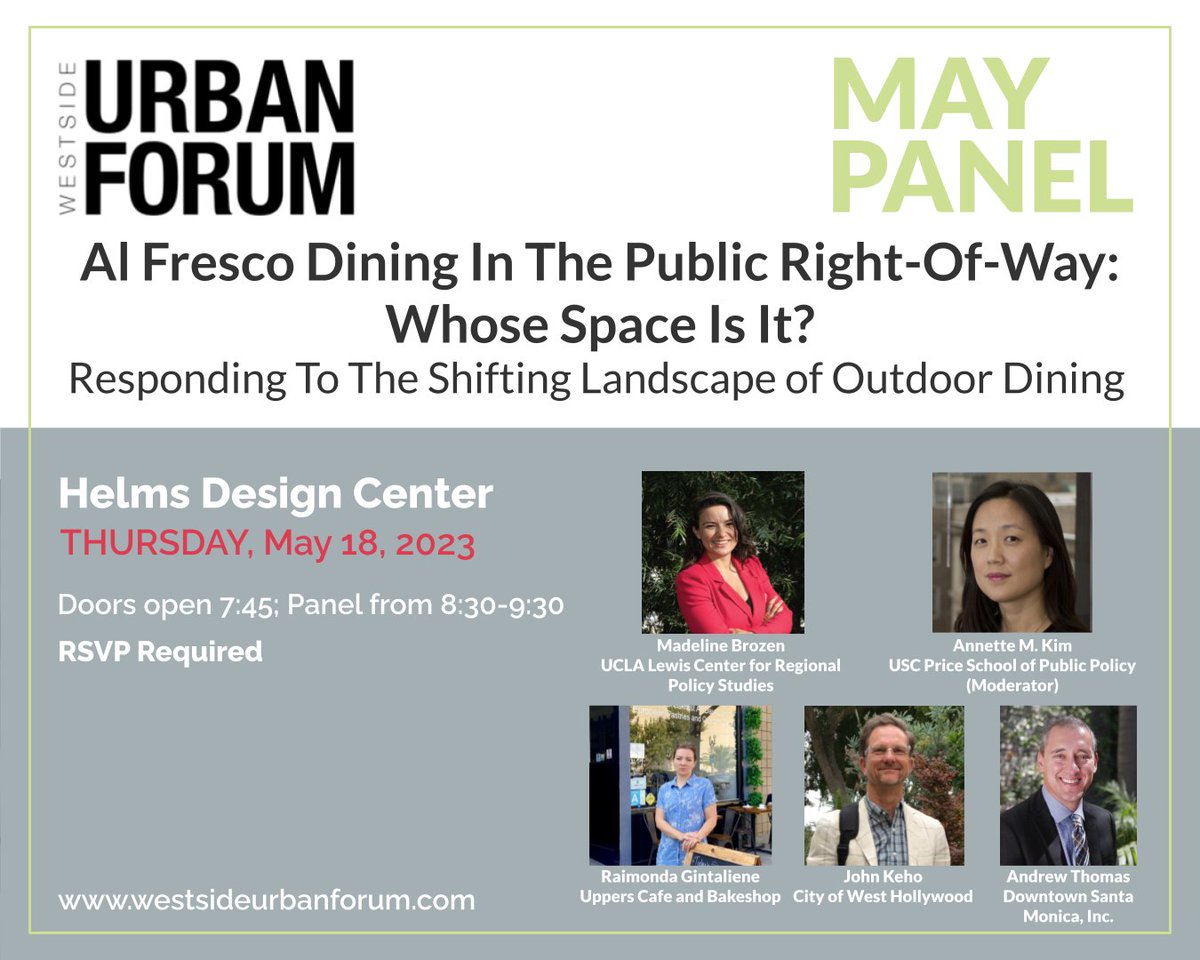 Check out the upcoming Panel with
<a href="/WestsideForum/">Westside Urban Forum</a> to learn more about the future and implications of #outdoordining on #publicspace.  

SLAB’s Prof. Annette Kim from <a href="/USCPrice/">USC Price School</a>  will be moderating the discussion

Register here:  lnkd.in/gtztQRK
