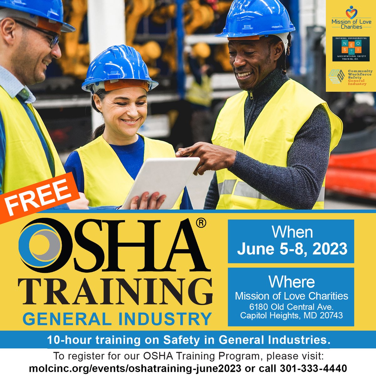 Get #FREE OSHA Training (General Industry) here at MOLC!  This training takes place over four days, June 5th through the 8th.

Learn more and sign up for this in-person training at:
molcinc.org/events/oshatra…

#DMV #OSHA #OSHATraining #safety #Maryland #Virginia #WashingtonDC