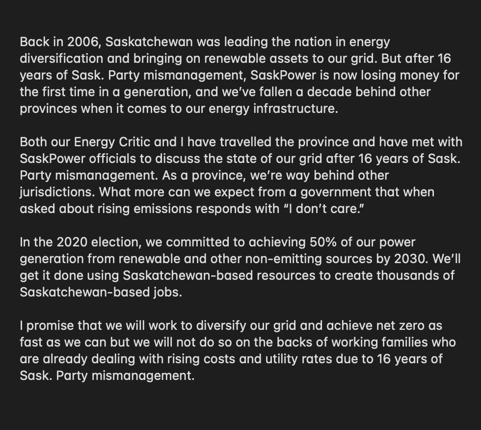 CarlaBeckSK's tweet image. After 16 years of Sask. Party mismanagement, for the 1st time in a generation - SaskPower is losing money and we find ourselves a decade+ behind other jurisdictions when it comes to our energy infrastructure.

We're in this mess because of the Sask. Party's failures.

#skpoli