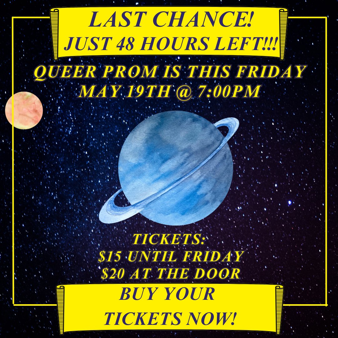 Do you have your tickets to the best Queer Prom in the Alpha Quadrant? Queers in Space begins in just 48 hours! Hurry up and get your tickets now. 

We're excited to see you all this Friday!
