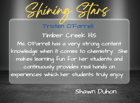 We are so proud of our first year teachers! Keep shining bright!

Tristen O'Farrell at <a href="/TimberCreek_HS/">Timber Creek High School</a>