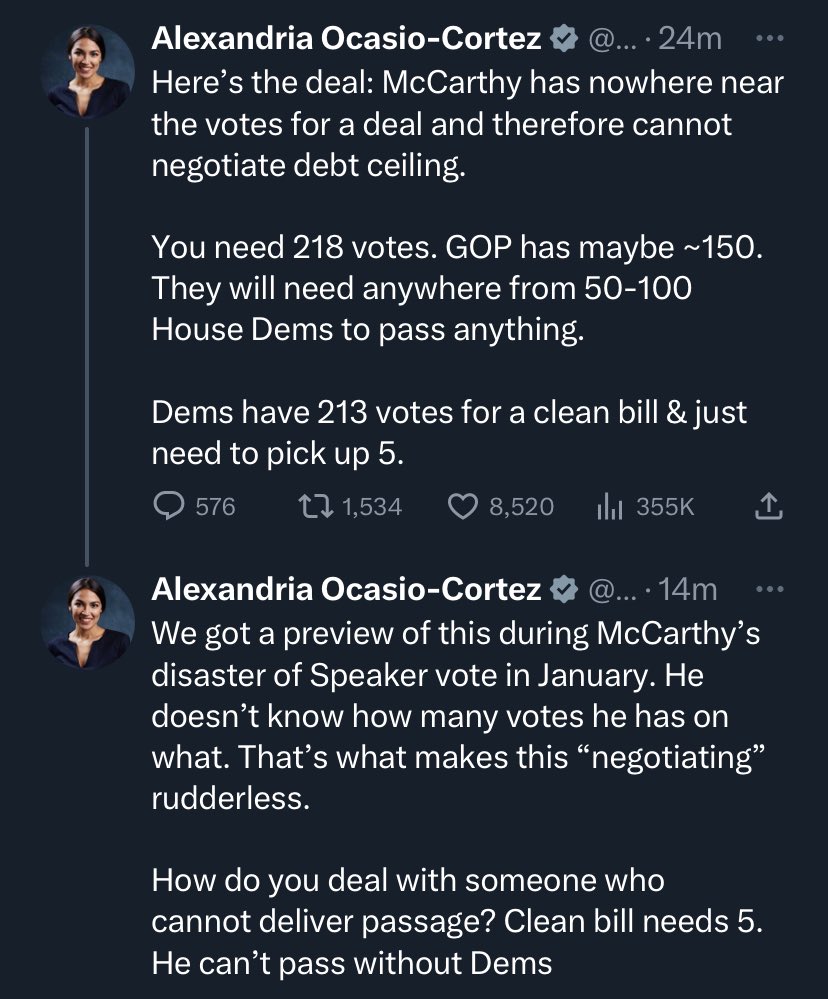 WUTangKids's tweet photo. .@AOC broke down the debt ceiling negotiations perfectly here👇 https://t.co/bZq4hajxDj