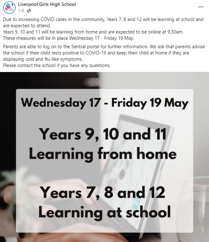 BigBadDenis's tweet photo. Liverpool Girls High School

Due to increasing COVID cases in the community, Years 9, 10 and 11 students will be learning from home immediately, while all staff and students still in school (Years 7, 8 and 12) would have to use masks.

@pruecar @RyanPark_Keira @ChrisMinnsMP https://t.co/5mSv6RbvVu