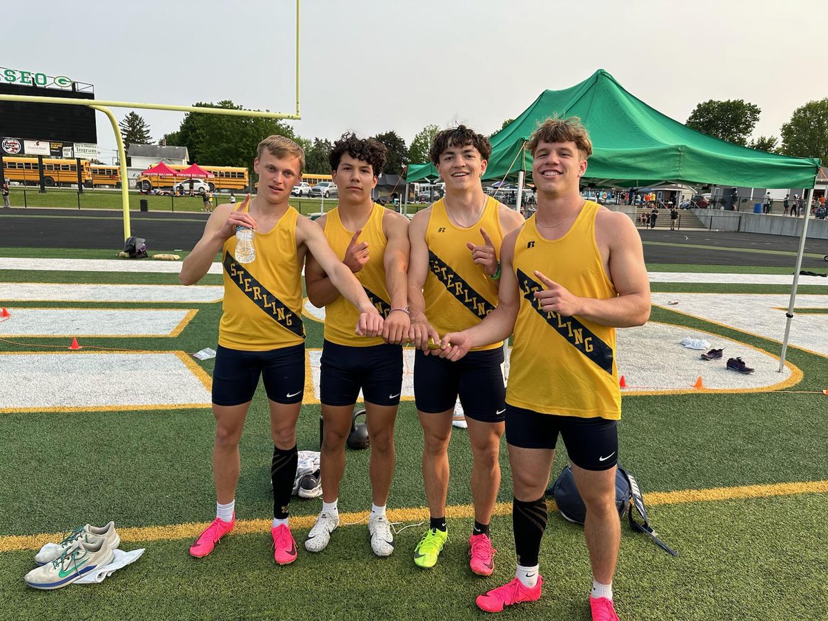 TrackSterlingHS's tweet photo. Sectional champions and state qualifying 4x100 relay team of Dylan Doss, Joseph Holcomb, Cale Ledergerber and Kael Ryan. They continue to fly around the track https://t.co/LIZCz0EAfc