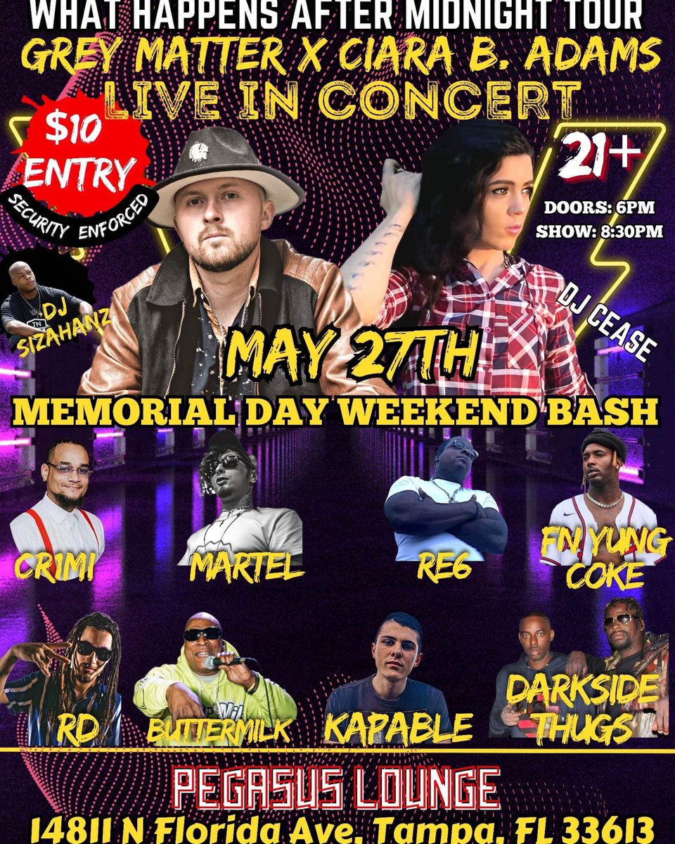 TheRealKapable's tweet photo. May 27th @ #ThePegasusLounge in #Tampa #Florida I will be accompanying Grey Matter and Ciara B Adams on stage starting at 8:30pm‼️ 21+ show, $10 @ the 🚪POP OUT 🗣️ #Rap #Country #HickHop #CountryRap #HipHop #Music #LiveMusic #LiveShow #Concert #MusicVenue #Festival #Like #Follow https://t.co/hzCadOp42Y