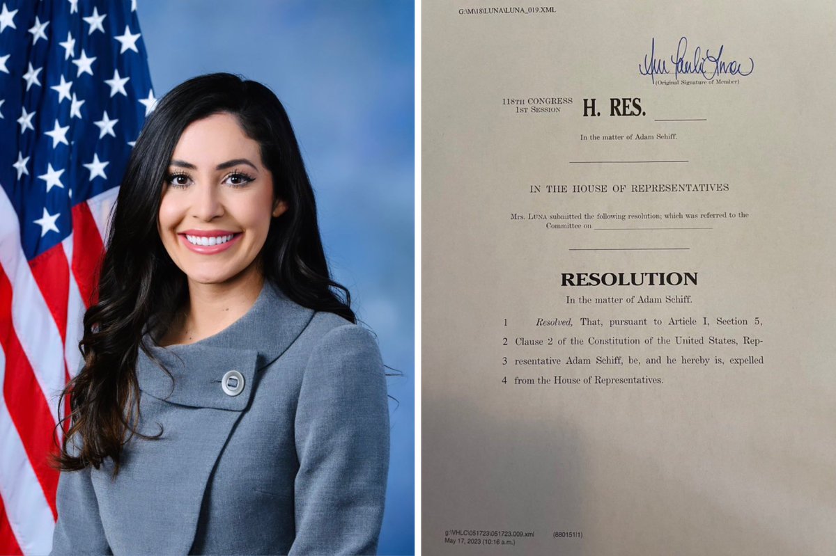 CollinRugg's tweet photo. BREAKING: Rep. Anna Paulina Luna just introduced a resolution to remove Adam Schiff from Congress for lying to the American people about the Trump-Russia hoax.
“Knowingly using your position on House Intel to push a lie that ripped apart our country, cost taxpayers millions of dollars, and authorized spying on a US President and then proceeding to double down on the lie within days of the Durham report coming out makes you unfit for office. Ethics should investigate.”
The resolution read: “That, pursuant to Article I, Section 5, Clause 2 of the Constitution of the United States, Representative Adam Schiff, be, and he hereby is, expelled from the House of Representatives.”
Good 🔥