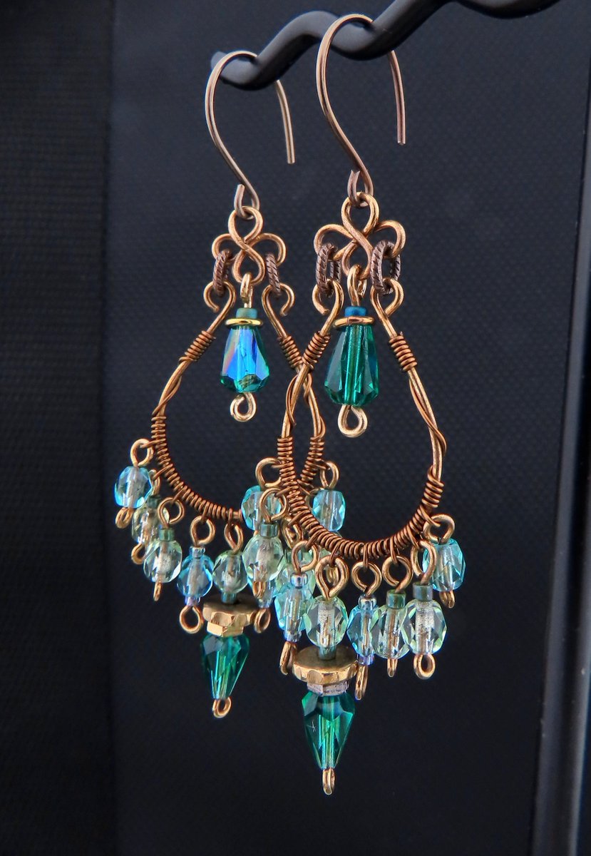 See in my #etsy shop: Green Blue Czech Beaded Wire Wrapped Long Chandelier Earrings etsy.me/3WfWByF #greenearrings  #Czechglassjewelry #hippychic #wirewrappedearrings #earringsforfun #niobiumearrings #victorianappeal #longdangleearrings #chandelierearrings