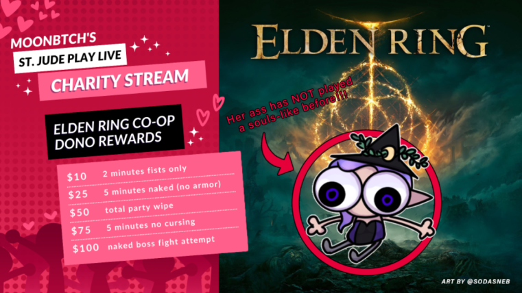 MOONBTCH's tweet photo. CURRENTLY AT $1510 RAISED FOR @StJudePLAYLIVE ✨ We will be doing a hoodie giveaway when we hit the $2k goal, will we get there in today's stream? 👀
Come find out as we continue Elder Ring with Grandma Moon and the goofs! #CBASforStJude https://t.co/b2VRjN0WjZ