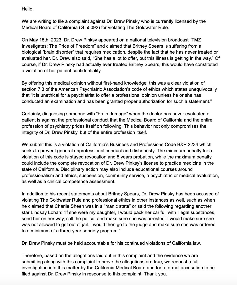 BREAKING: Dr. Drew could lose his license to practice medicine in Calfornia after diagnosing Britney with a “brain disorder” on national TV despite never treating her, a clear violation of The Goldwater Rule. #JusticeForBritney