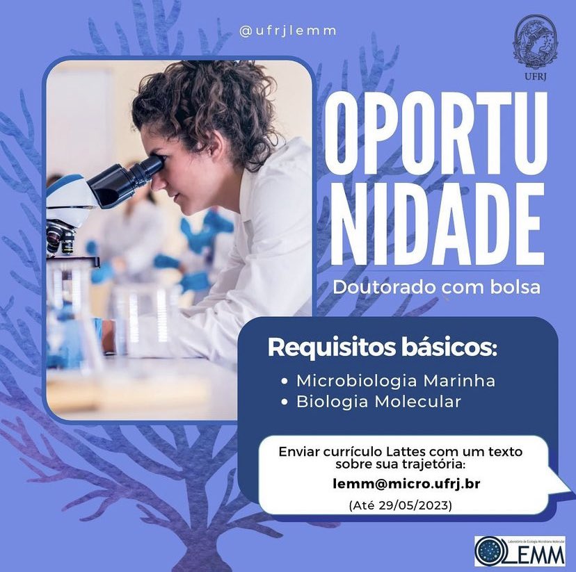 Se interessa por microbiologia marinha, preservação e restauração de recifes de corais, probióticos para corais e nature-based solutions? Vem fazer seu doutorado no LEMM-UFRJ! 🪸