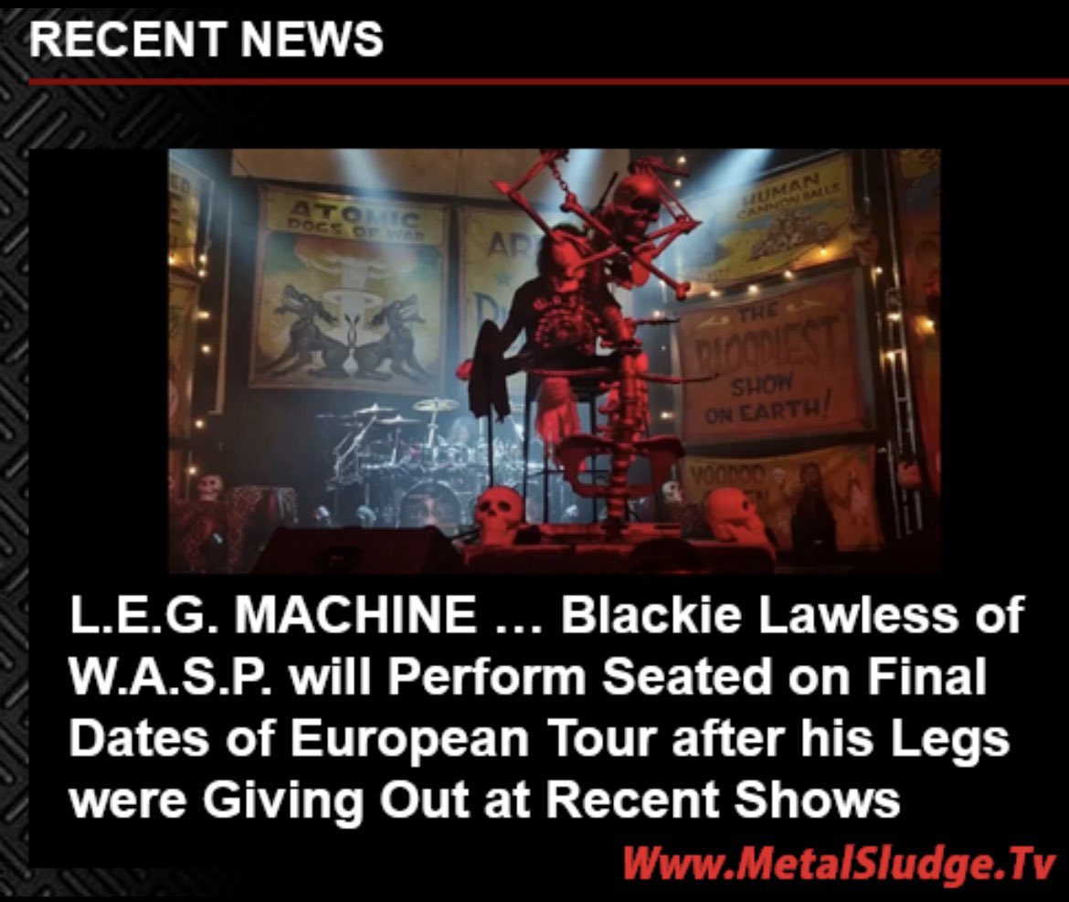 cskkdfgr's tweet photo. L.E.G. MACHINE … 
Blackie Lawless of W.A.S.P. will Perform Seated on Final Dates of European Tour after his Legs were Giving Out at Recent Shows
#wasp #blackielawless #wildchild #lovemachine #legmachine #randypiper #mikeduda #dougblair #metalsludge 
https://t.co/fL44M219hv
￼ https://t.co/YX4IOuhk6O