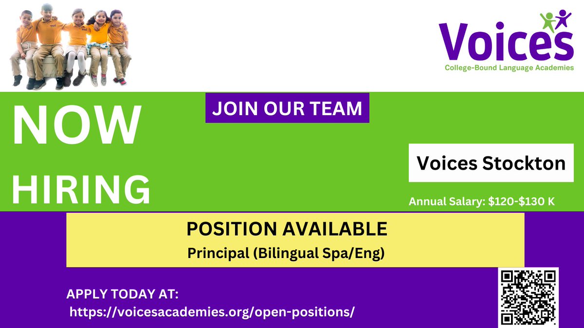 VoicesAcademies's tweet photo. Voices Stockton is looking for a passionate Bilingual Principal (Spanish/English) to join their leadership team! 

Employment Details:
Full-time
Monday - Friday
7:45 a.m. - 4:15 p.m.
Annual Salary: $120,000 - $130,000
Please apply here: https://t.co/jTVmkKf8RX https://t.co/Cv5foBMjZz