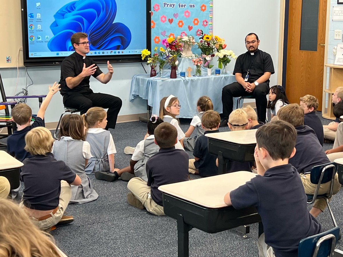 Thank you Fr. Luke and Fr. John for visiting StMS Grade 1 students and answering lots of great questions about your call to the priesthood, your favorite foods, and your favorite sports teams! The children loved your visit! <a href="/lukerawicki_lc/">Father Luke Rawicki</a> <a href="/FrJohnDeGuzman/">Fr. John De Guzman</a> <a href="/StMSCary/">StMichaelSchoolCary</a> @CGHighSchool