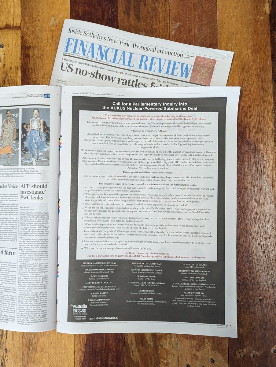 TheAusInstitute's tweet photo. A range of high-profile politicians, former military leaders &amp; academic experts have signed an open letter calling for a Parliamentary Inquiry into the AUKUS nuclear-powered submarine deal, appearing in full-page ads in the AFR today.

"What can go wrong? Everything." https://t.co/hcXMJsGoix