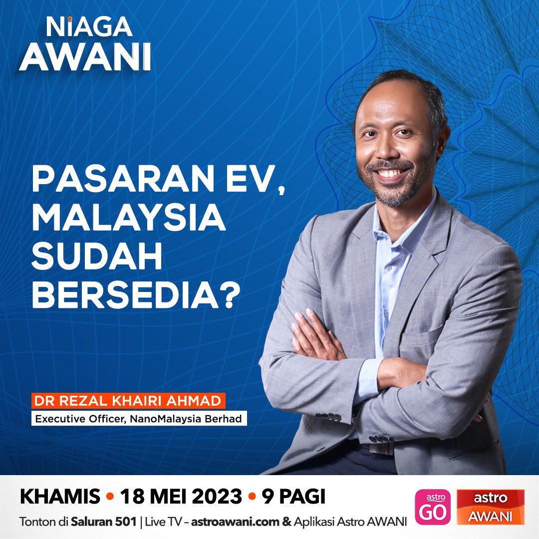 Catch the interview with NanoMalaysia's CEO, Dr Rezal Khairi Ahmad at 0900 hrs today on Niaga Awani, ASTRO Awani.

#NanoMalaysia #nanotechnology #REVOLUTIoNT #mosti #stie #STIpemacuekonomi #MerakyatkanSains #MenginsankanTeknologi #MalaysiaMADANI #MOSTIluarbiasa