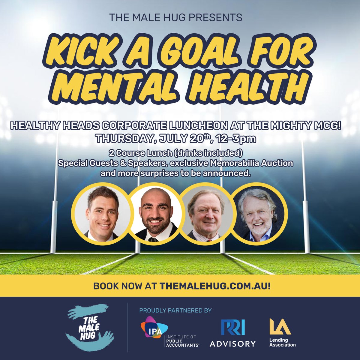 #MentalHealth matters! We’re excited to announce @Kevin_Sheedy & Mike Brady will join us for Kick a Goal for Mental Health Lunch at the historic @MCG this July! 🤩 All proceeds go towards our BUDDY Hotline. ow.ly/3Kny50OpUQn @mattricho0 @tim_mannah #MensMentalHealth