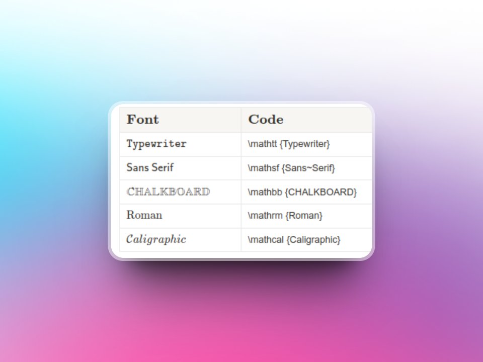 👋✨ Hey there! Spice up your notions with different fonts to make them more aesthetic! 🌟

🔠 Check out the variety of fonts available. Let your creativity soar!

💡 Use Block Equations or wrap your code with "$$" on both sides to take your template to another level. 🚀