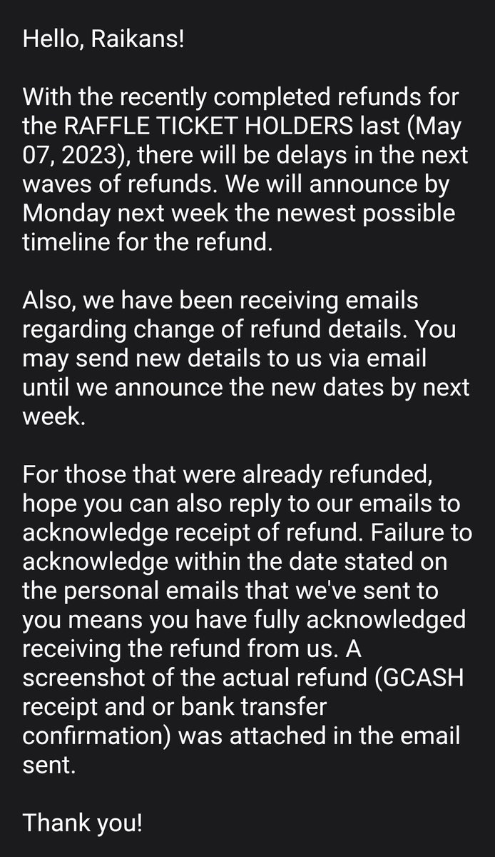 PidjeVC12's tweet photo. Hello. Sharing the update from @RaikantopeniPHL about sa refund. The Scheduled Refund for Ticket Holders will be rescheduled again. Monday daw i-rerelease new timeline for Refunds. π #RaikanFanCon #RaikantopeniPH #RaikanFanConRefund https://t.co/uREbWCxuN0