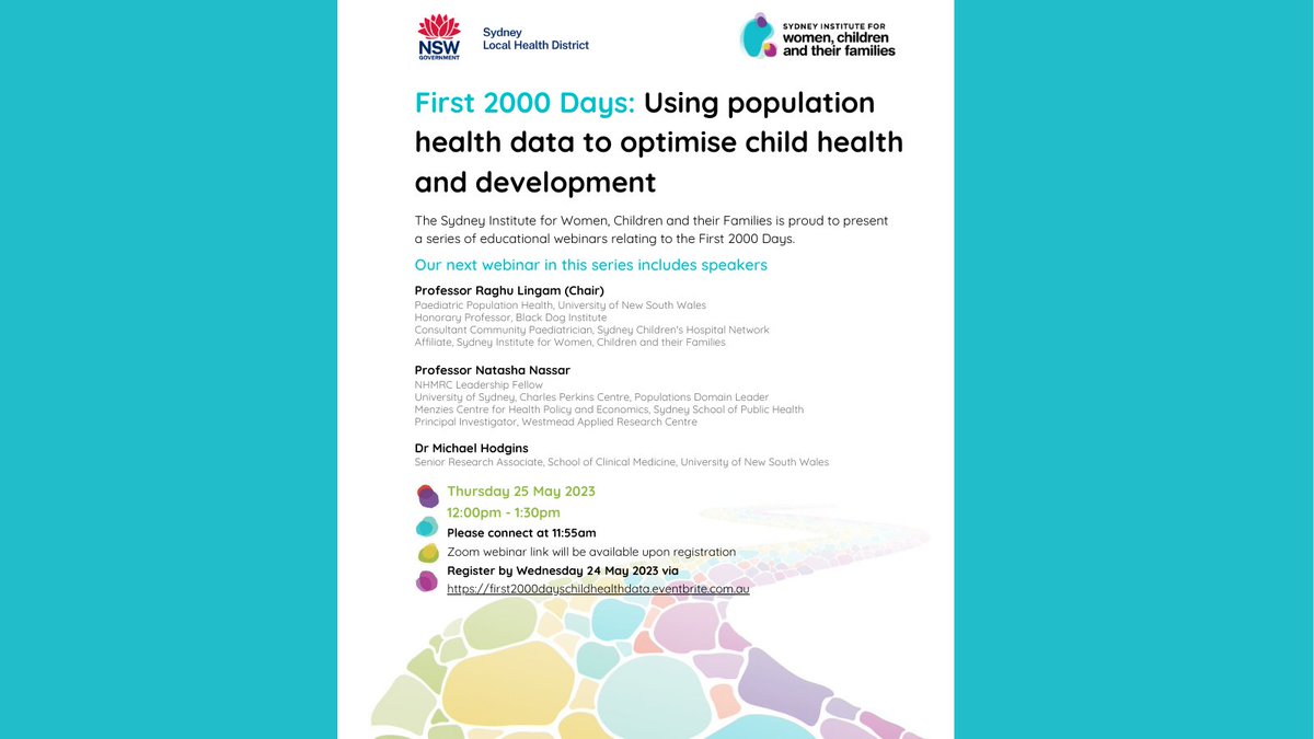 Join  our webinar panel for the First 2000 Days - Using population health data to optimise child health and development.

Click the link to register now!
…dayschildhealthdata.eventbrite.com.au

Registration via Eventbrite works best in Google Chrome.