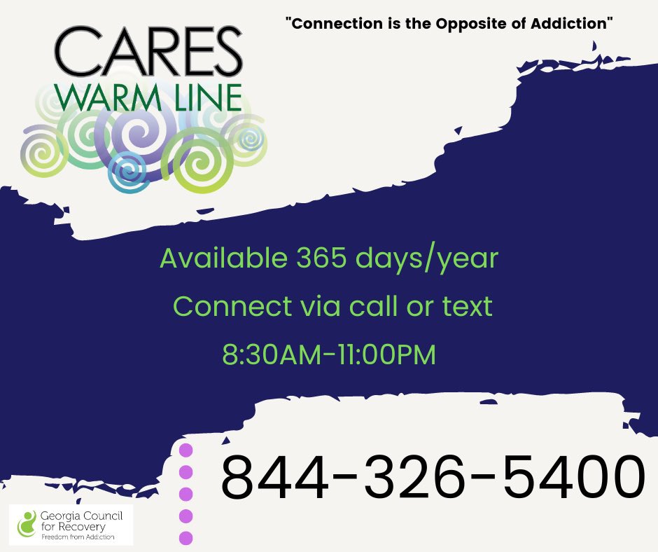 Recovery_GC4R's tweet photo. For peers (and family and friends) by peers - safe, free, confidential The Georgia Council for Recovery CARES Warm Line 

#garecovers #gapol #recovery #hopedealers #georgia #gc4r https://t.co/LhvTGy9DDD