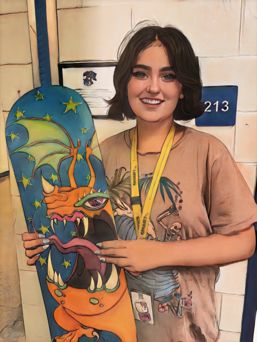 bobcatmath's tweet image. 4th @HaysBMS 8th grader to win a custom skateboard donated by a local artist. Students earned an entry by completing over and above set points in @getmoremath for the year.