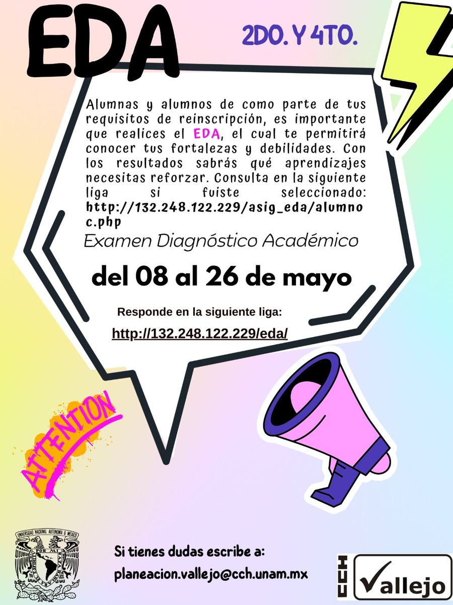 CCHVallejo_Ofi's tweet photo. Si eres de segundo o cuarto, #NoOlvidesQue es parte de sus requisitos para tu reinscripción contestar el #EDA
Lo contestas en el siguiente enlace:
https://t.co/9wJpQIChPR https://t.co/bpKLVy2Vz8