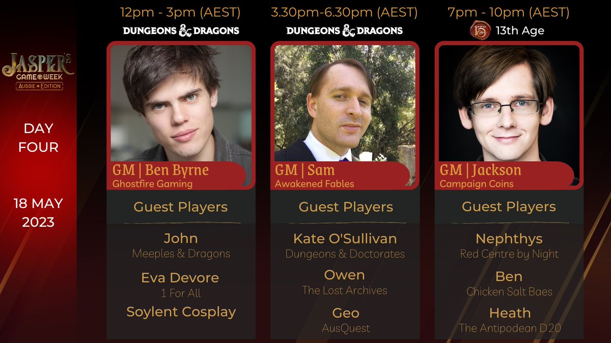 Meeples_Dragons's tweet photo. 12pm AEST today we'll jump into Day Four of #jaspersgameweek Aussie Edition on https://t.co/Qp5wRB8war

Join us for some fantastic TTRPG, help us raise some money for Black Dog Institute via donations that can impact the game play.

https://t.co/aLxq9omx8g https://t.co/gDVOeV0Wf1