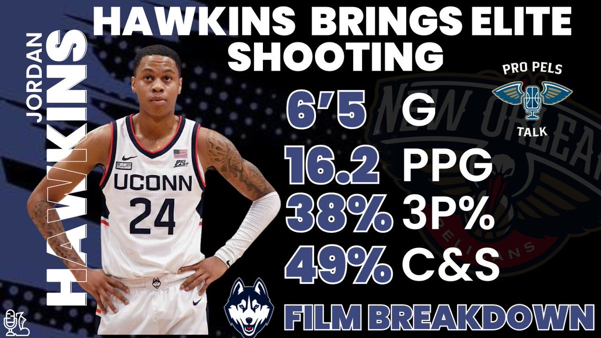 Jordan Hawkins is the PERFECT fit for the New Orleans Pelicans: 

-38% 3 PT 
-49% C&amp;S 
-Movement Shooter 
-High IQ/Makes Great Reads 
-Good Mechanics 

Full Breakdown ⬇️
📺- youtu.be/g9ESBAl0Oig