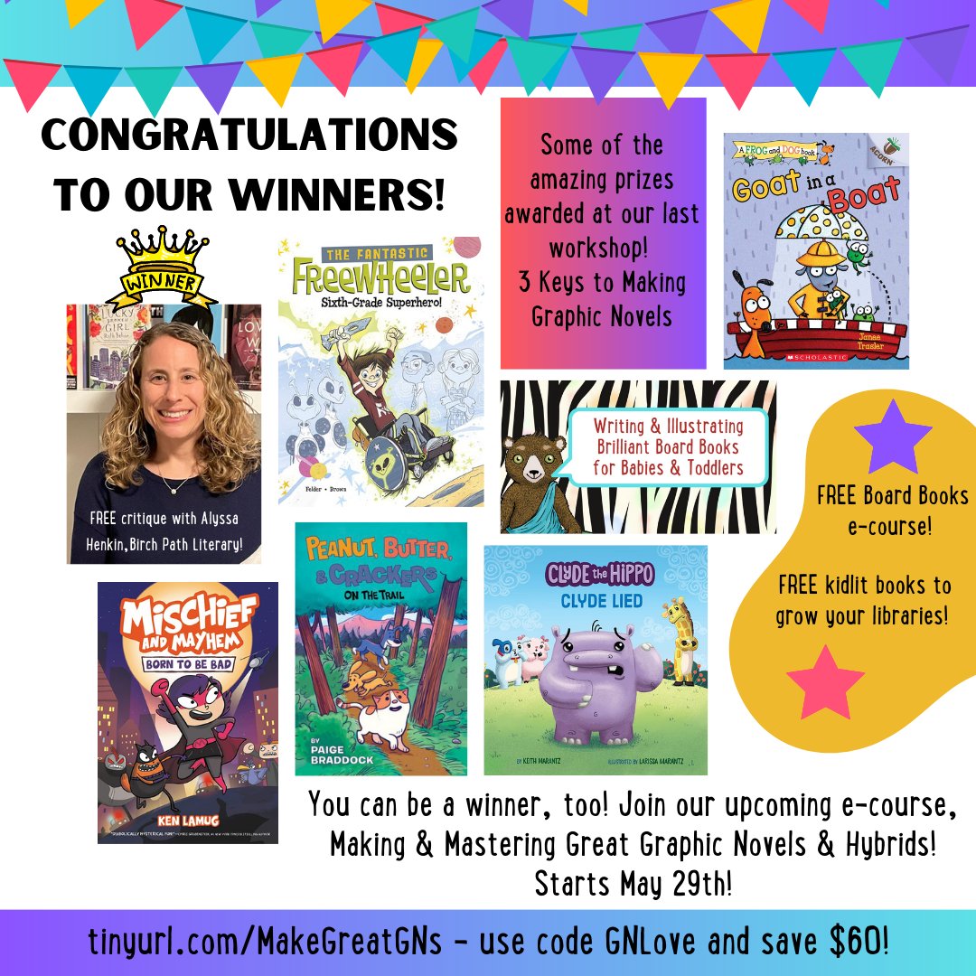 1. These are some of the amazing prizes people won at the workshop this past weekend! All of the books are by former CBA grads including @PaigeBraddock's Peanut, Butter and Crackers, @rabbleboy's Mischief & Mayhem, and @OCArtStudios Clyde Lied!