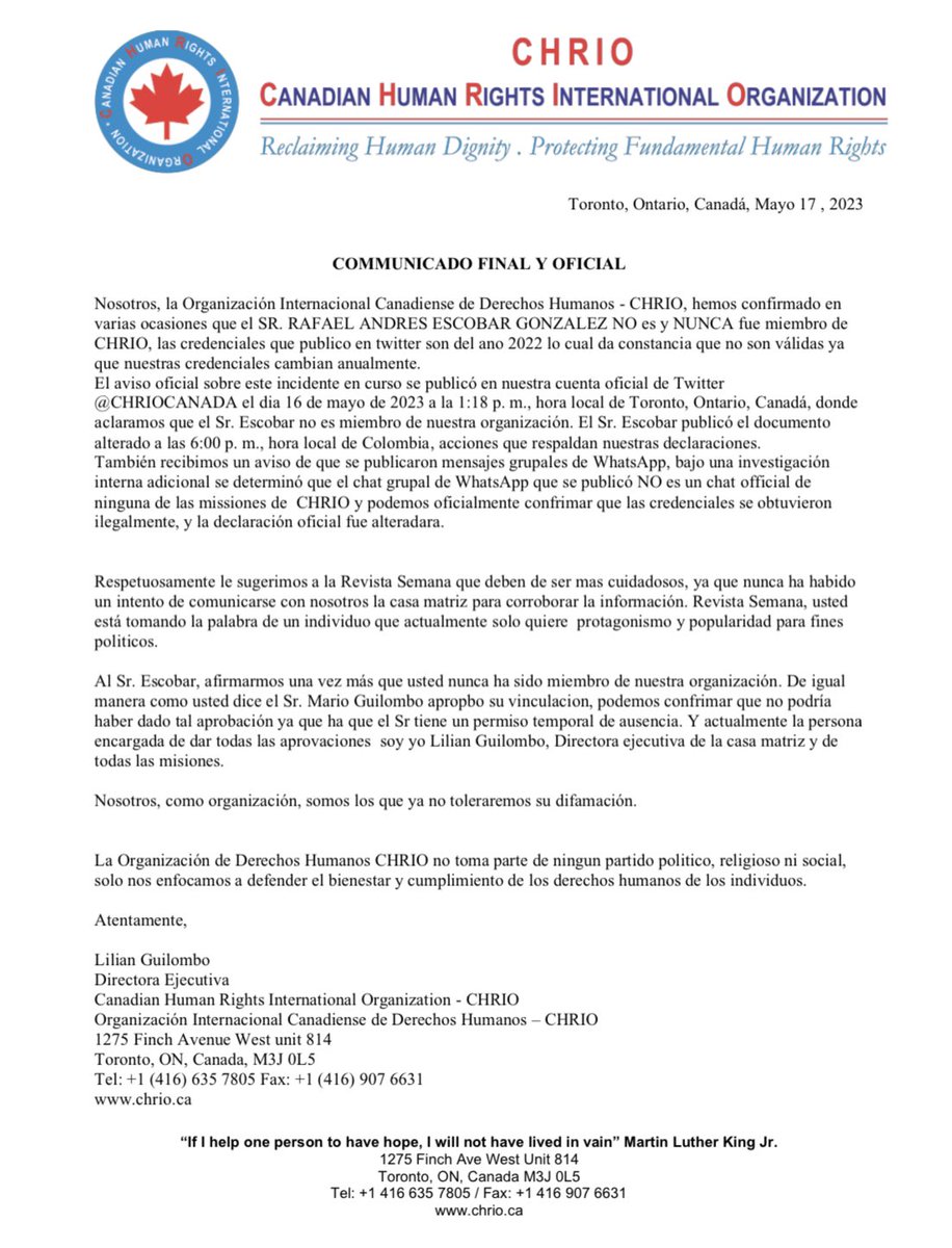 CHRIOCANADA's tweet photo. Official and Final Notice 
Comunicado Final y Oficial https://t.co/w7VDubObaj