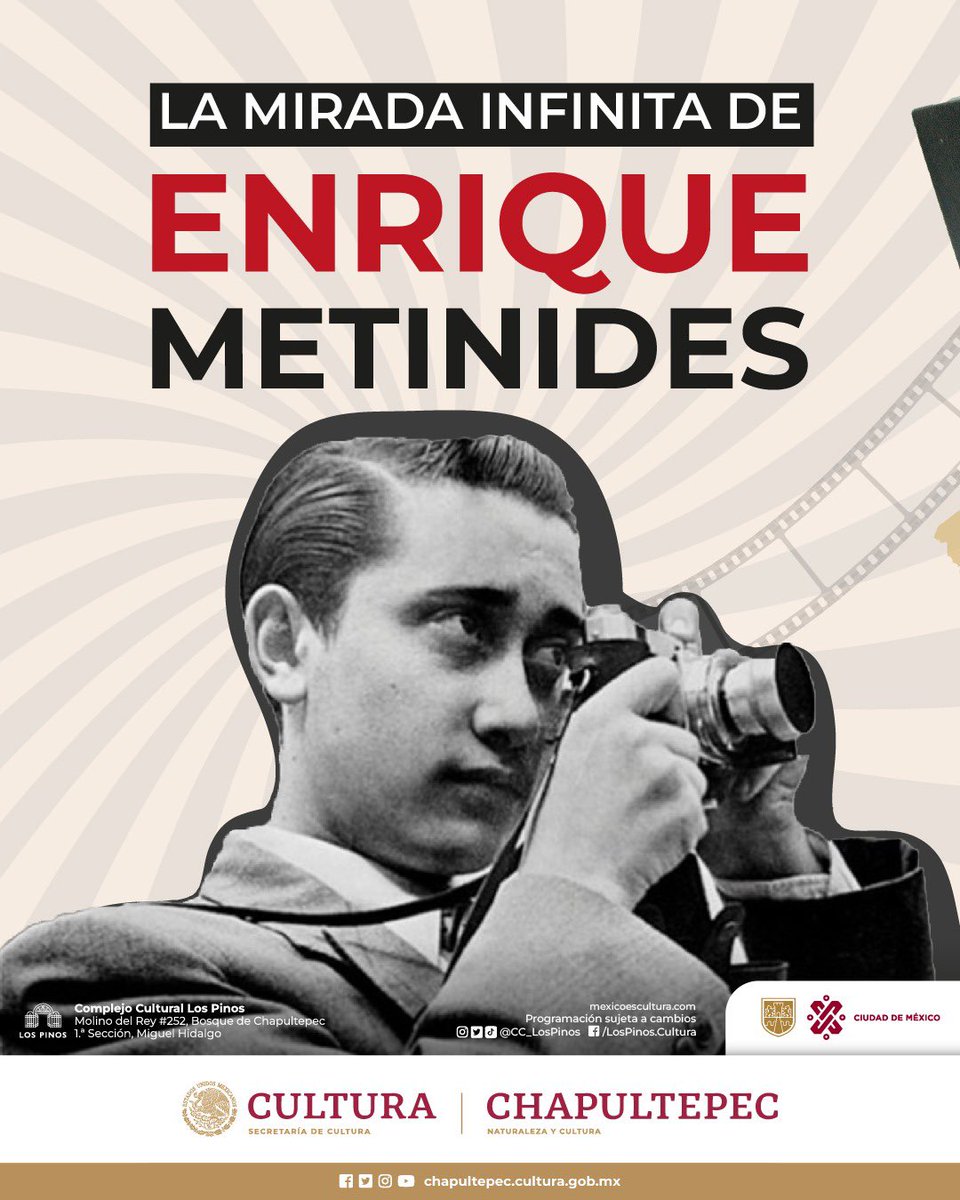 CC_LosPinos's tweet photo. La @cultura_mx te invita a conocer la exposición El Ojo Infinito de Enrique #Metinides y descubrir su visión única de la Ciudad de México a través de las historias que quedaron inmortalizadas en su cámara.
📍Cabaña 1
📆Martes a domingo
⌚️11 a 18 h
🎟️#EntradaLibre https://t.co/NvM4bvZ6I1